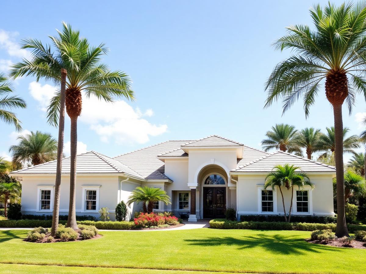 Florida family home with palm trees under a blue sky